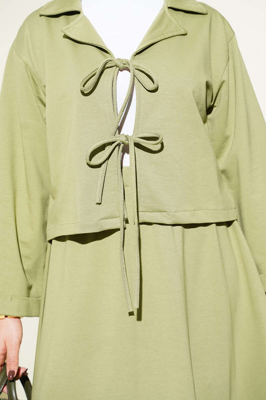 Önü Bağcık Detaylı Etekli İkili Takım Çağla Yeşili