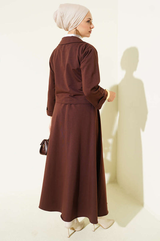 Önü Bağcık Detaylı Etekli İkili Takım Kahve