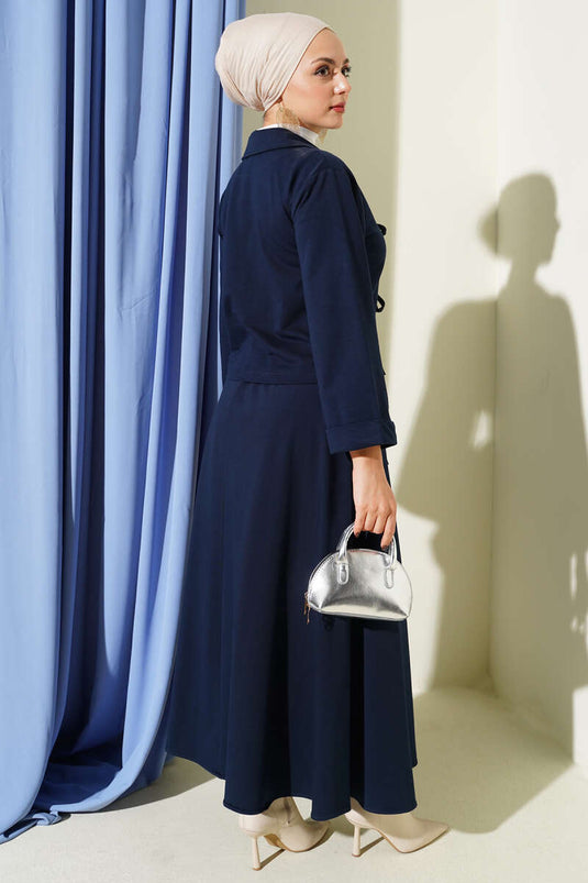 Önü Bağcık Detaylı Etekli İkili Takım Lacivert