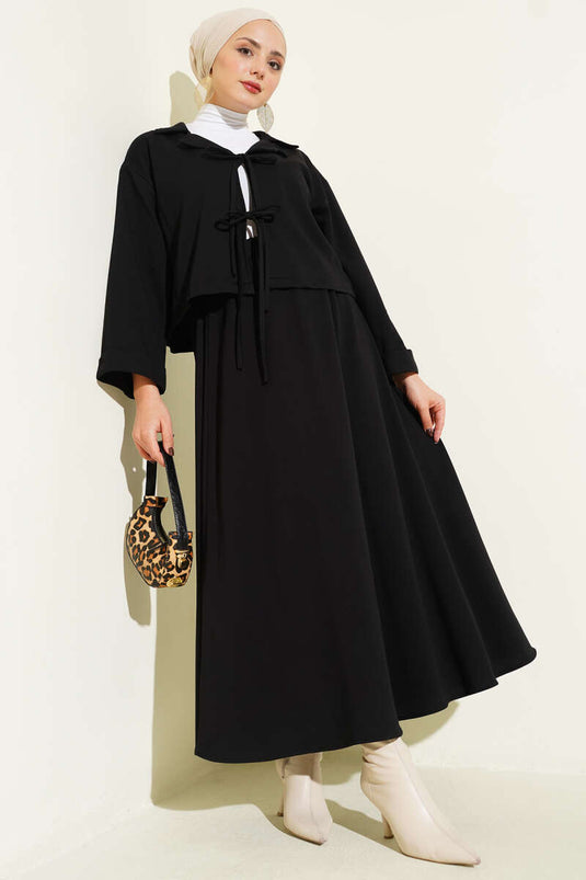 Önü Bağcık Detaylı Etekli İkili Takım Siyah