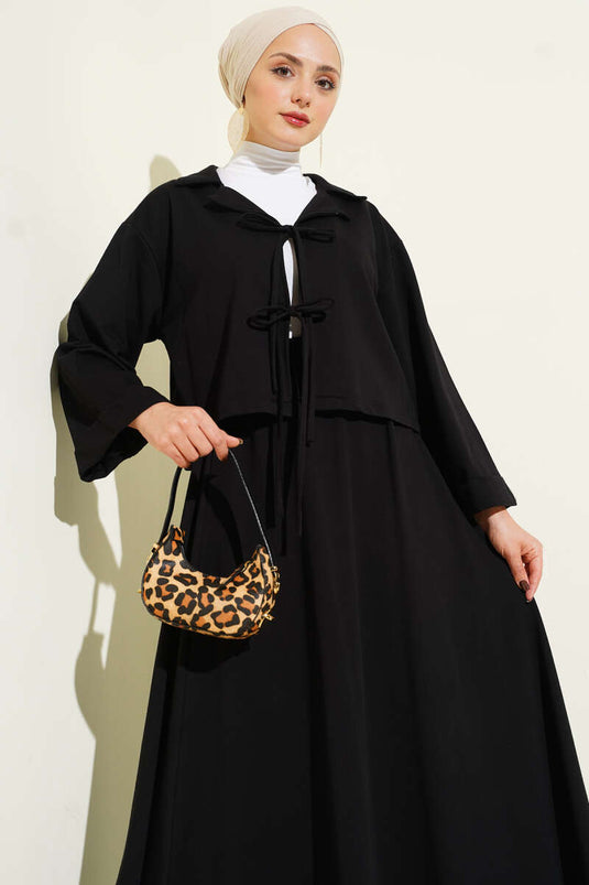 Önü Bağcık Detaylı Etekli İkili Takım Siyah