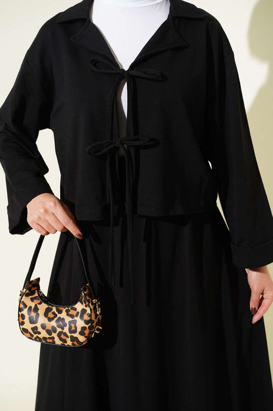 Önü Bağcık Detaylı Etekli İkili Takım Siyah