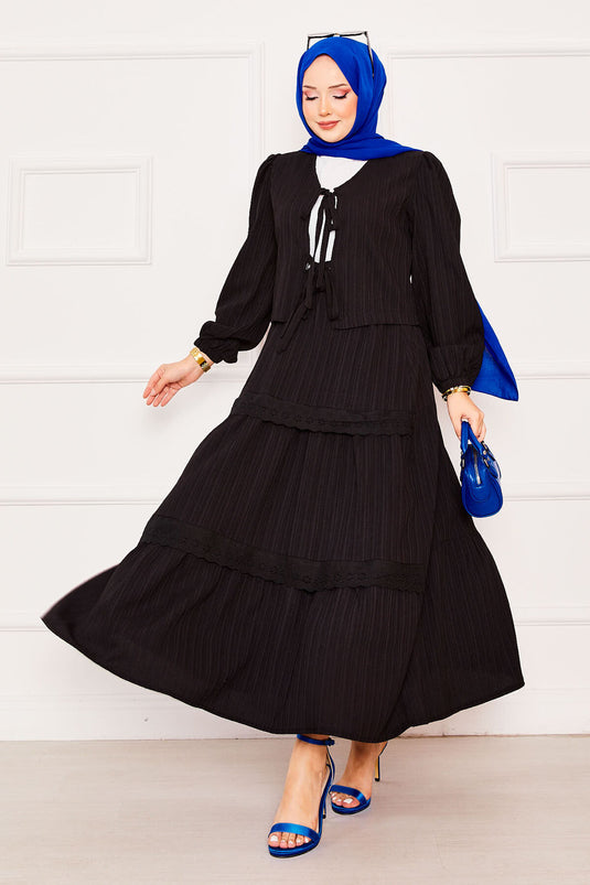 Ensemble jupe hijab kimono avec détails en dentelle sur le devant, noir