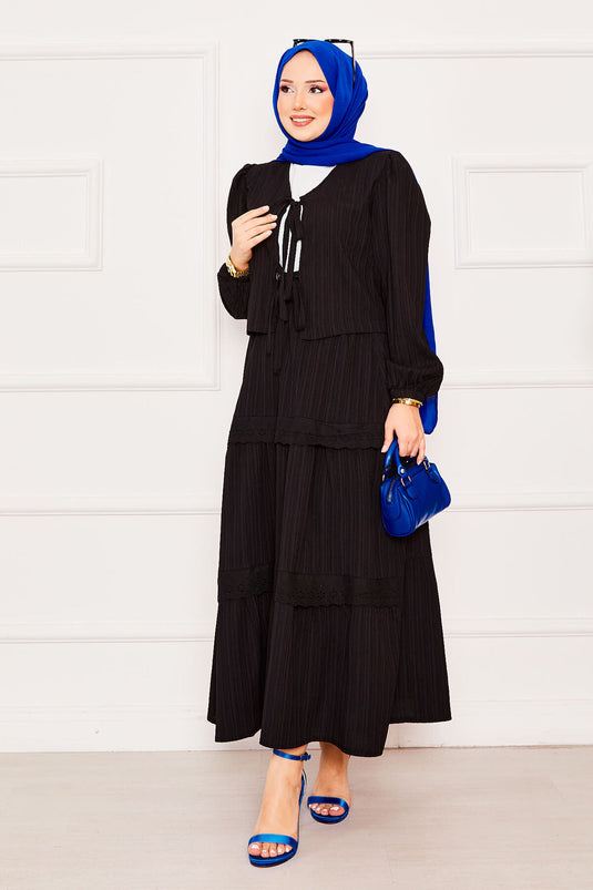 Front Lace Detailed Kimono Hijab Skirt Set Black