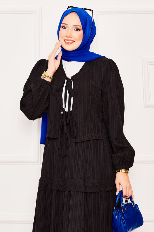 Front Lace Detailed Kimono Hijab Skirt Set Black