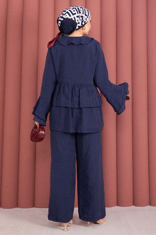 Önü Bağcık Detaylı Kolları Volanlı Kimono İkili Takım Lacivert