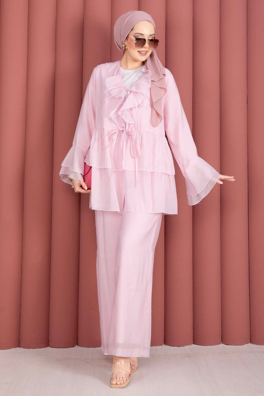 Pink Two-Piece Set with Front Tie Detail and Ruffled Sleeves Kimono