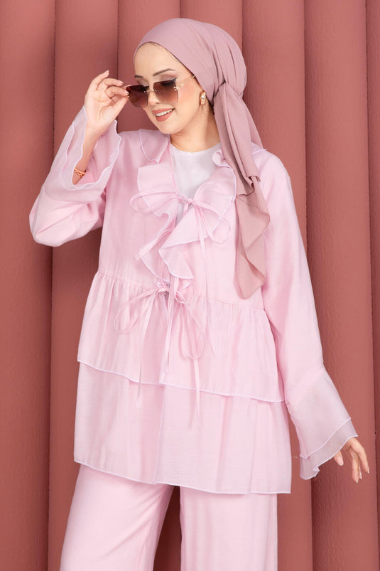 Pink Two-Piece Set with Front Tie Detail and Ruffled Sleeves Kimono
