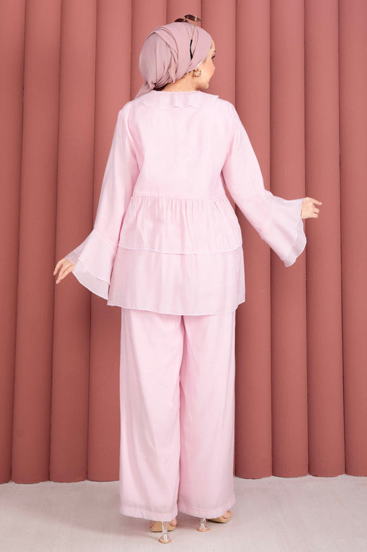 Pink Two-Piece Set with Front Tie Detail and Ruffled Sleeves Kimono