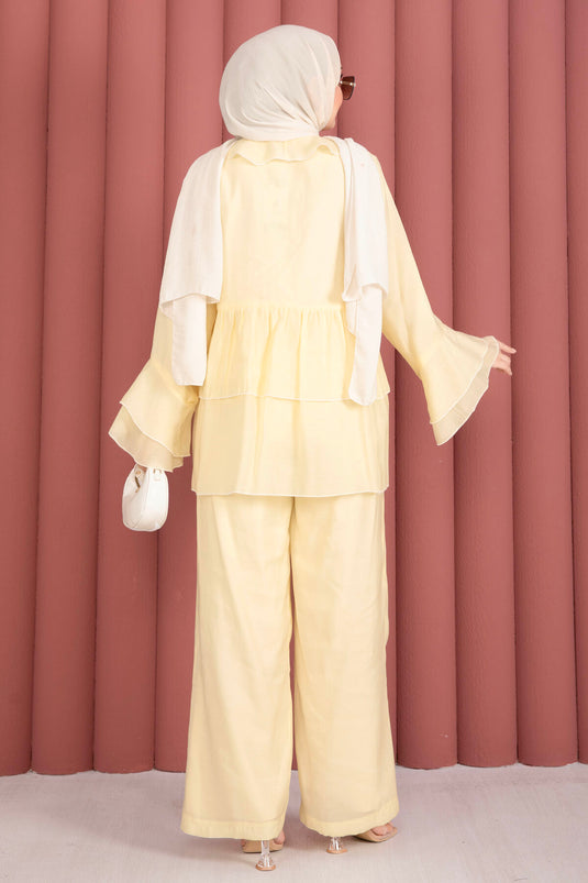 Yellow Two-Piece Set with Front Drawstring Detail and Ruffled Sleeves Kimono