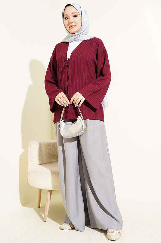 Önü Bağcıklı Ağaç Kabuğu Kimono Bordo