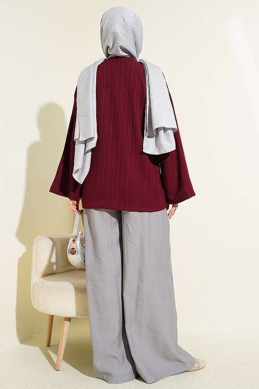 Önü Bağcıklı Ağaç Kabuğu Kimono Bordo