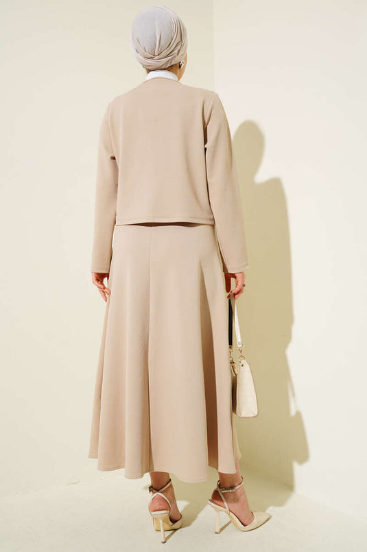 Önü Bağcıklı Ceket Etek İkili Takım Bej