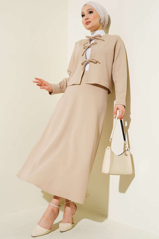 Önü Bağcıklı Ceket Etek İkili Takım Bej