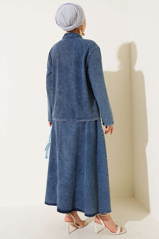 طقم تنورة جينز برباط أمامي وجيوب، لون أزرق جينز