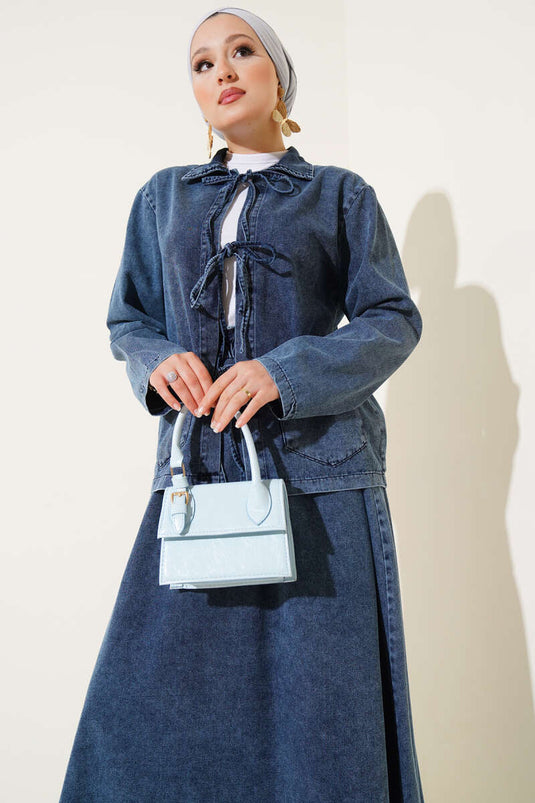 طقم تنورة جينز برباط أمامي وجيوب، لون أزرق جينز