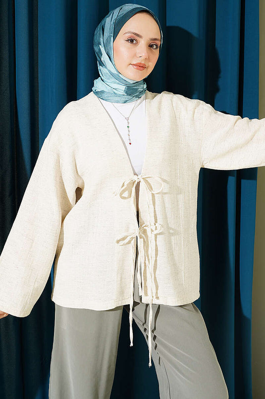 Leinen-Kimono mit vorderseitigen Kordeldetails, Beige