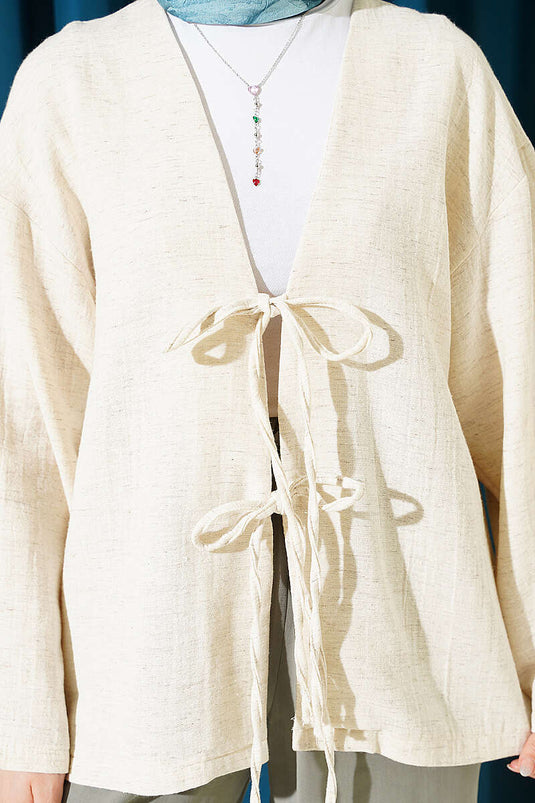 Leinen-Kimono mit vorderseitigen Kordeldetails, Beige