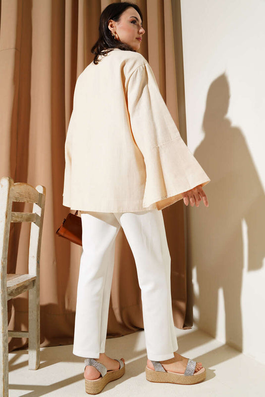 Lace Front Wide Sleeve Kimono Beige