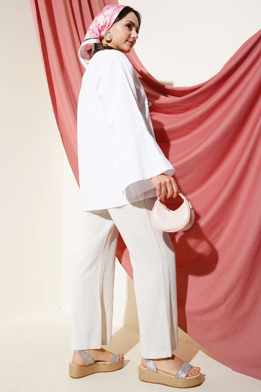 Lace Front Wide Sleeve Kimono White