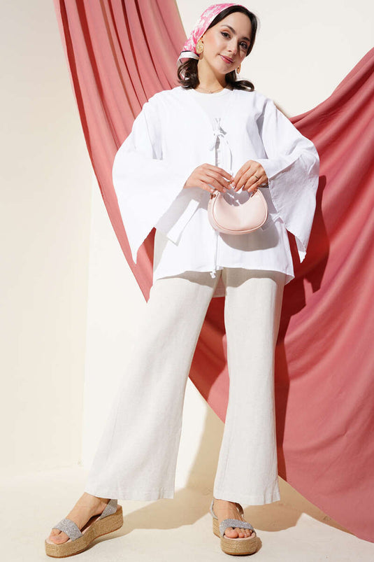 Lace Front Wide Sleeve Kimono White