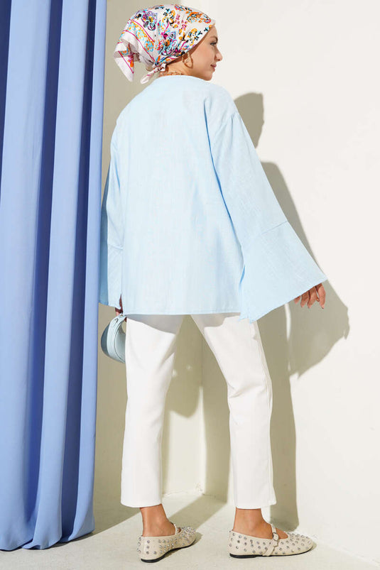 Lace-Front Wide Sleeve Kimono Sky Blue