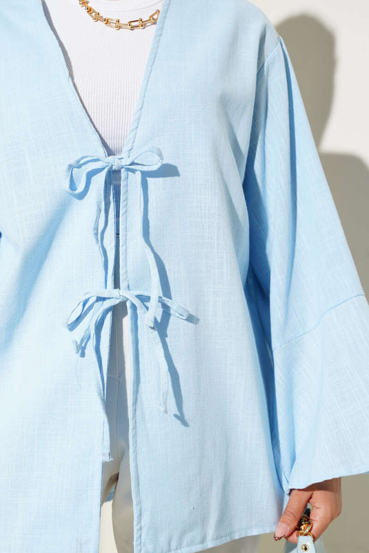 Lace-Front Wide Sleeve Kimono Sky Blue