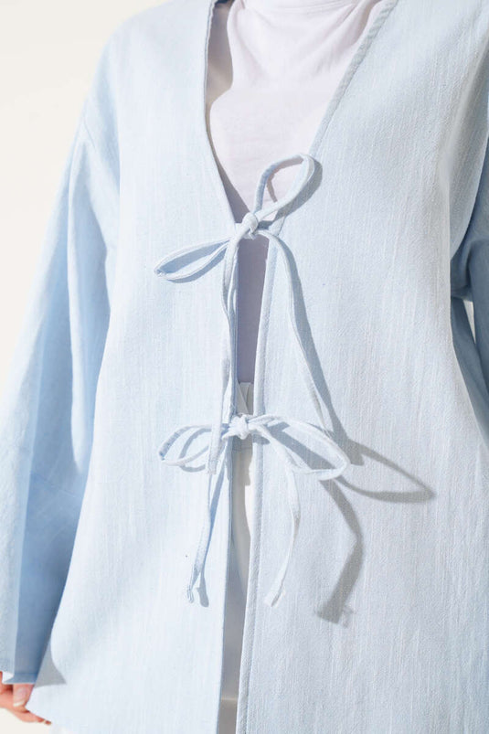 Önü Bağcıklı Geniş Kol Kimono Mavi