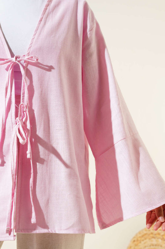 Lace Front Wide Sleeve Kimono Pink