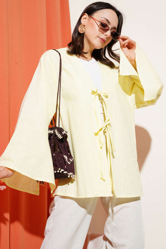 Önü Bağcıklı Geniş Kol Kimono Sarı