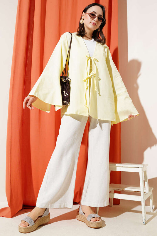 Önü Bağcıklı Geniş Kol Kimono Sarı