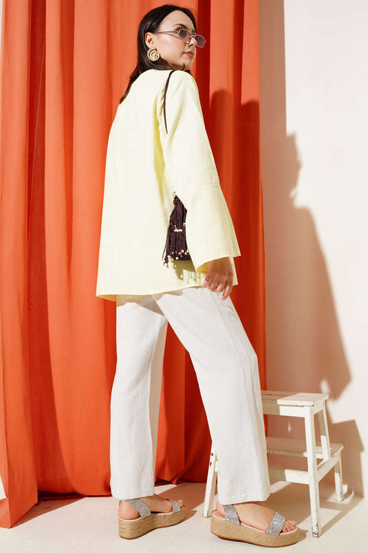 Önü Bağcıklı Geniş Kol Kimono Sarı