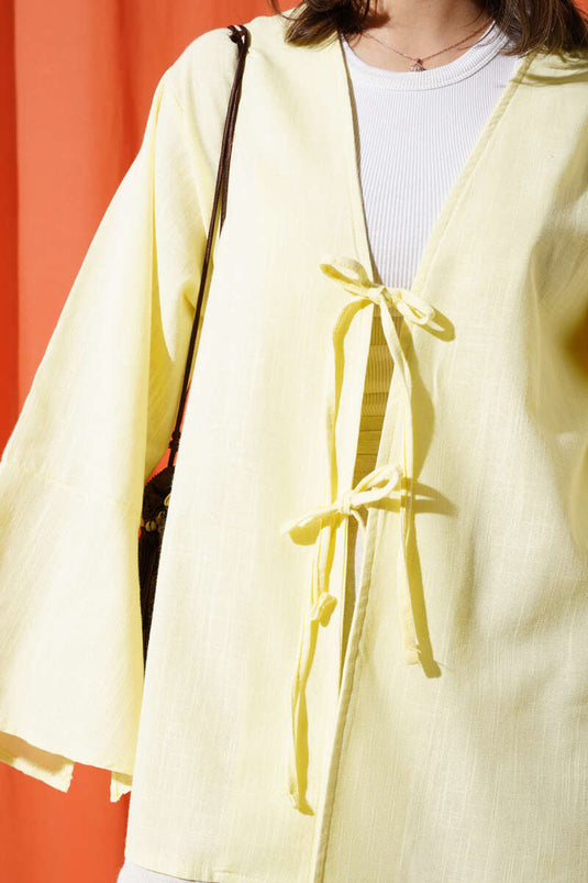 Önü Bağcıklı Geniş Kol Kimono Sarı