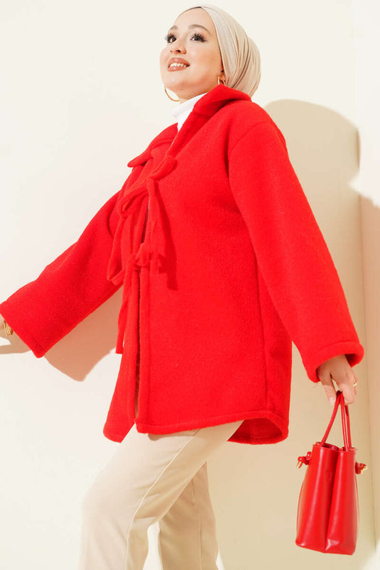 Önü Bağcıklı Keçe Ceket Kırmızı