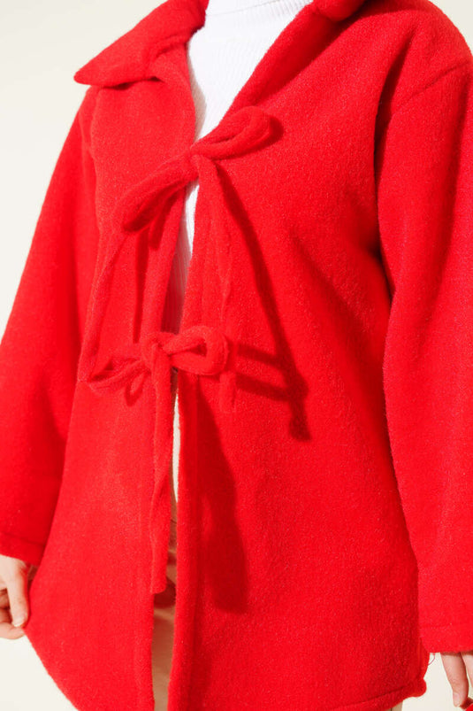 Önü Bağcıklı Keçe Ceket Kırmızı