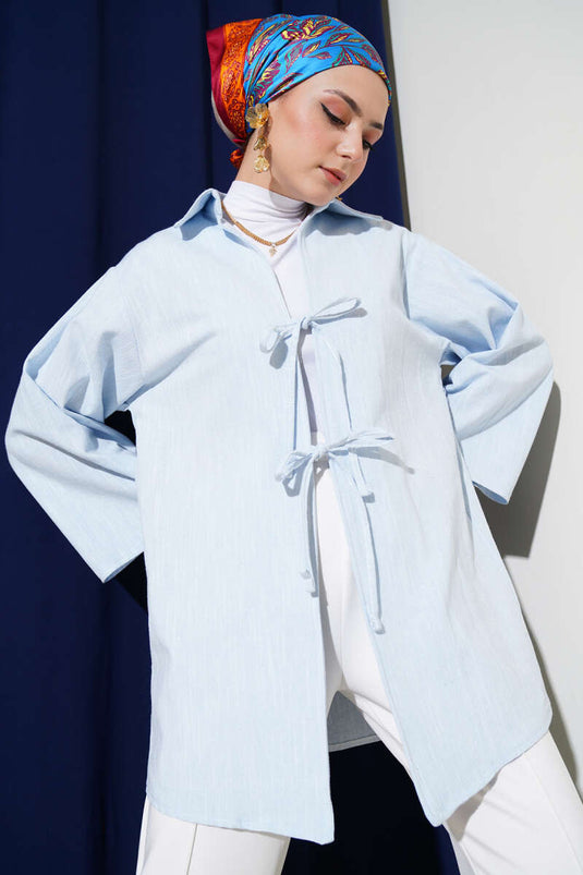 Lace Front Linen Kimono Blue