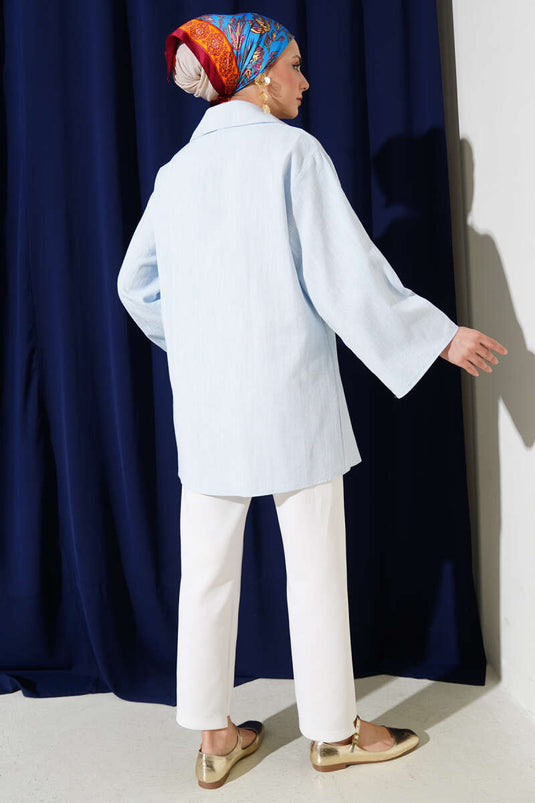 Lace Front Linen Kimono Blue