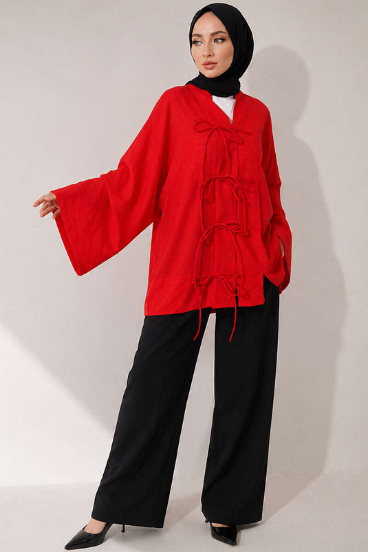 Önü Bağcıklı Oversize Tül Kimono Kırmızı