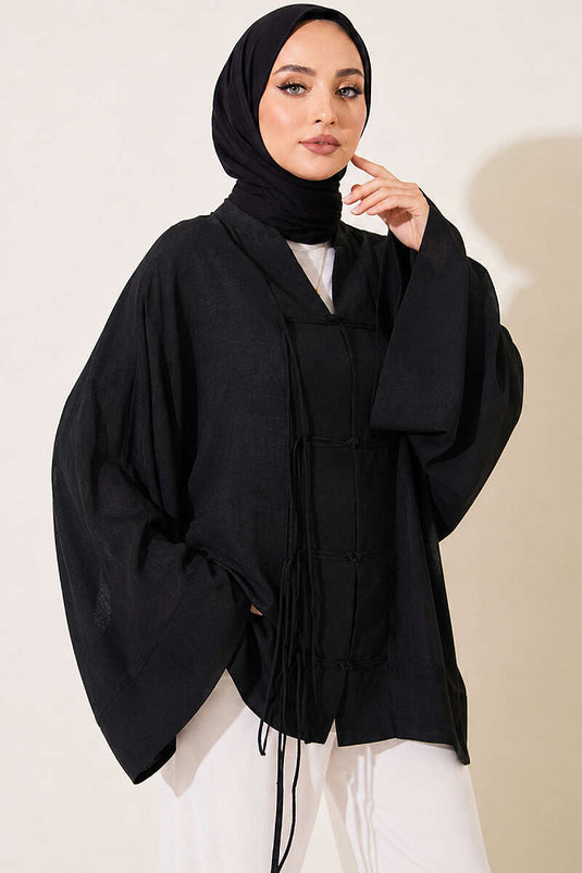 Önü Bağcıklı Oversize Tül Kimono Siyah
