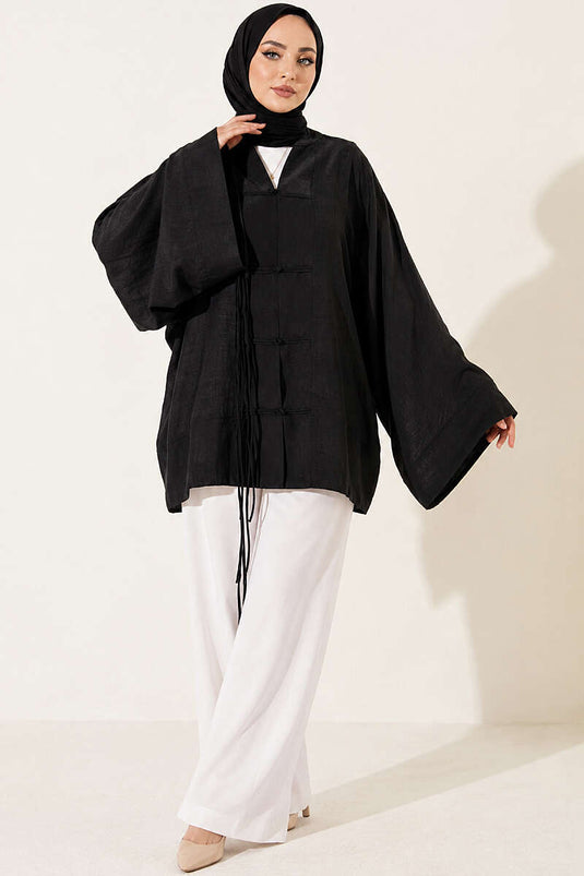 Önü Bağcıklı Oversize Tül Kimono Siyah