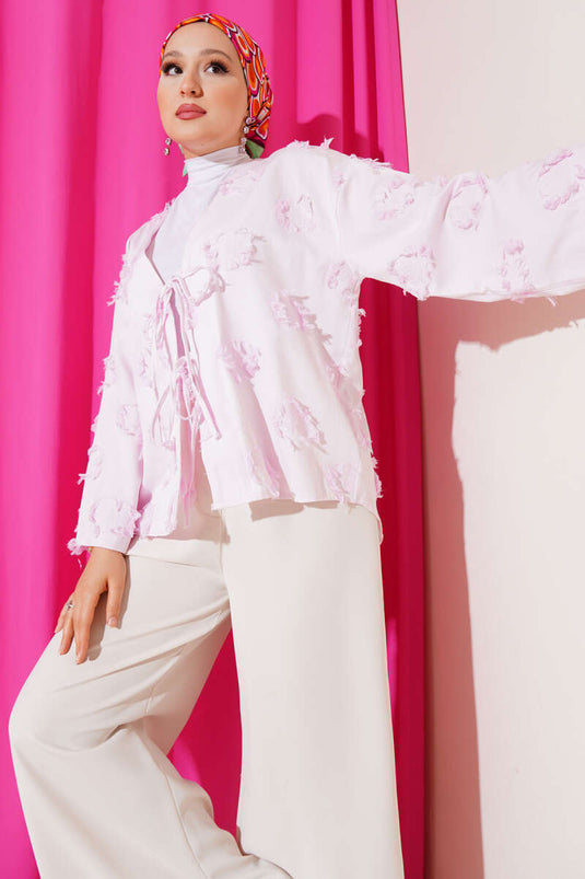 Kimono rose à lacets sur le devant et détails à pompons