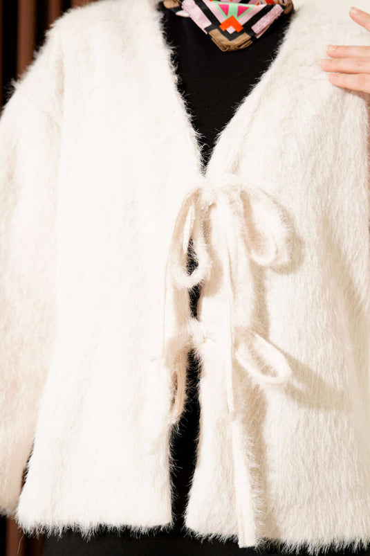 Önü Bağcıklı Sakallı Kısa Kimono Ekru