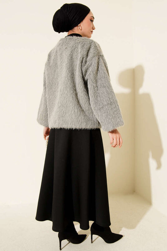 Önü Bağcıklı Sakallı Kısa Kimono Gri