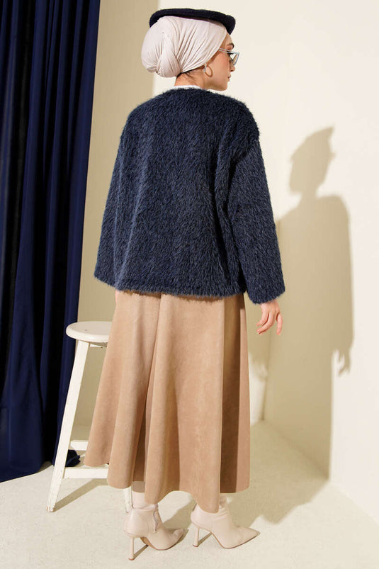 Önü Bağcıklı Sakallı Kısa Kimono Lacivert