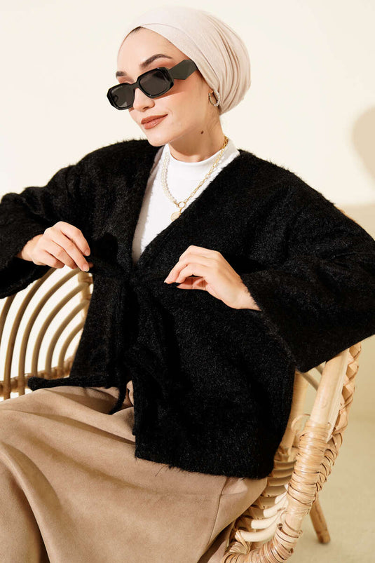 Önü Bağcıklı Sakallı Kısa Kimono Siyah