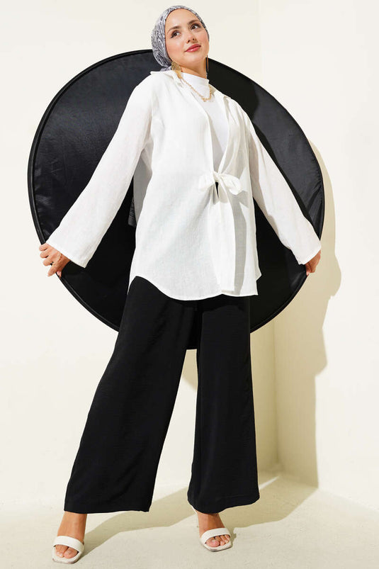 Kimono de lino con detalle de lazo delantero blanco