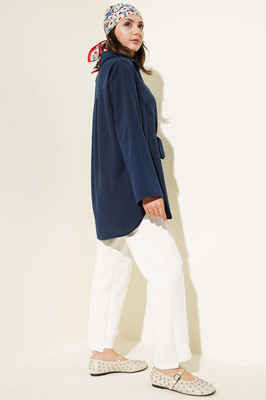 Önü Bağlama Detaylı Keten Kimono Lacivert