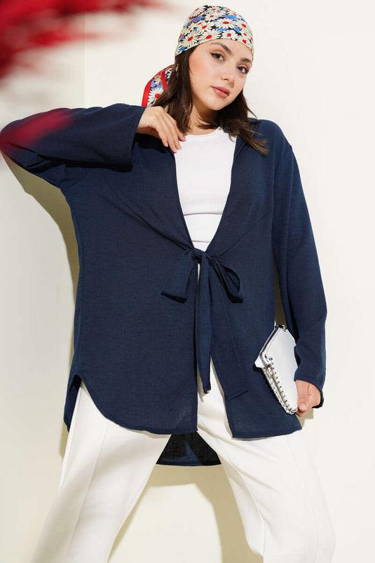Linen Kimono with Front Tie Detail, Navy Blue