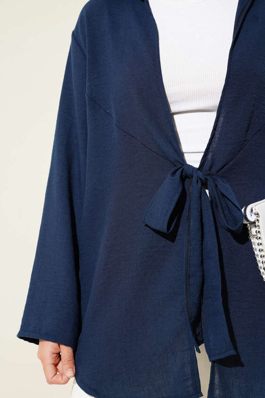 Linen Kimono with Front Tie Detail, Navy Blue