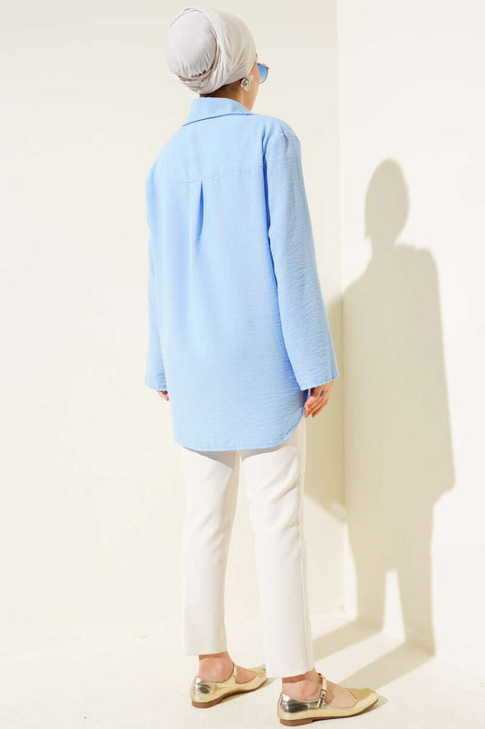 Önü Bağlama Detaylı Keten Kimono Mavi